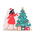 Girl in red dress decorates Christmas tree, vector illustration Royalty Free Stock Photo